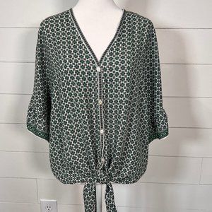 Max Studio Relaxed Fit Green Yellow & Black Button Up Blouse with Tie Size L